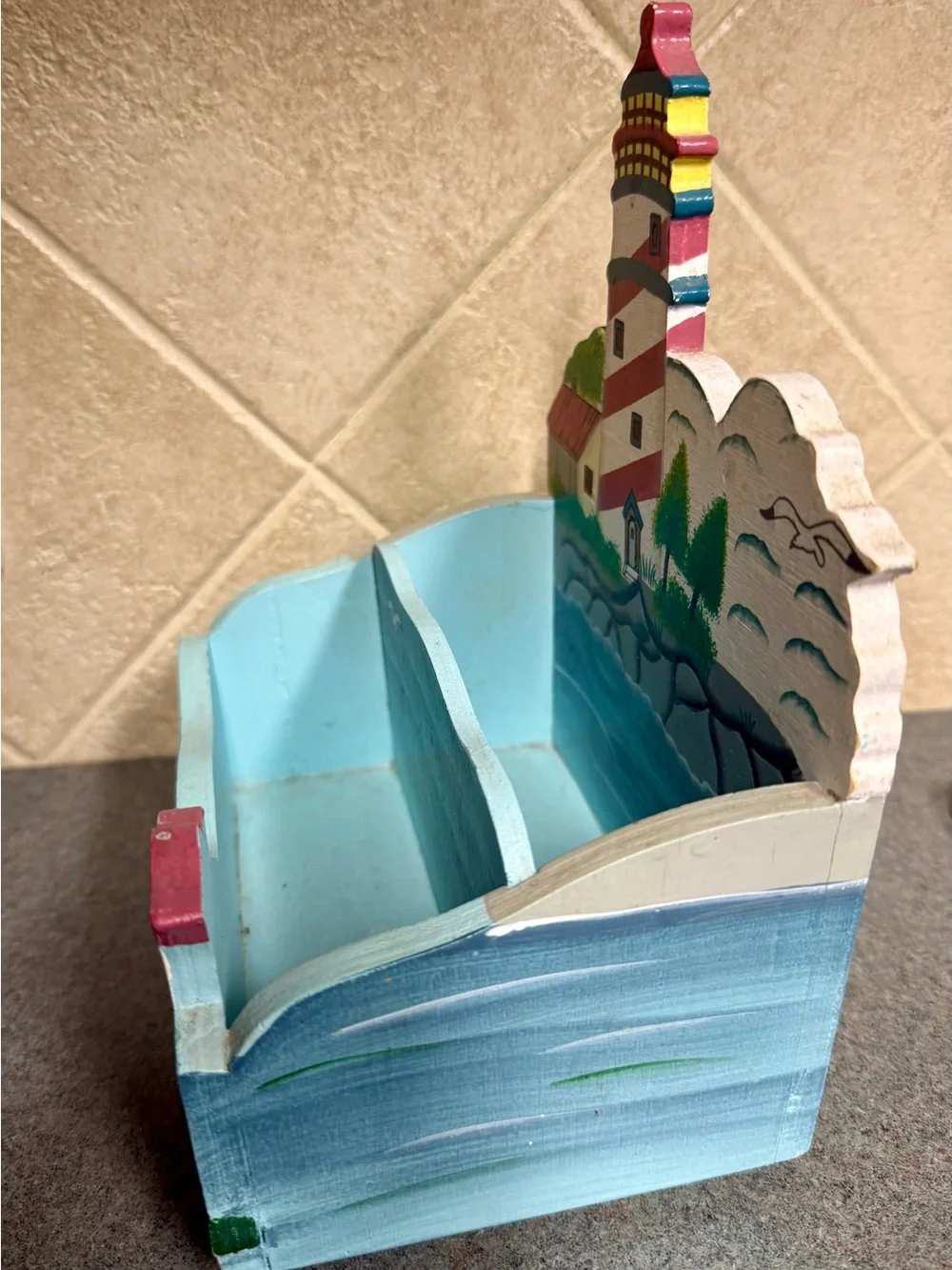 Vintage Hand-Painted Lighthouse Wooden Coastal Stationary Organizer
